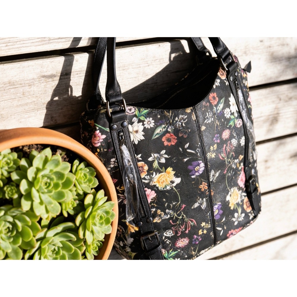 Realer Floral Butterfly Black Faux Leather Hobo Tote Shoulder Bag with Pouch - Picture 2 of 9